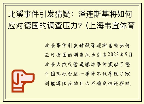 北溪事件引发猜疑：泽连斯基将如何应对德国的调查压力？(上海韦宜体育怎么样)
